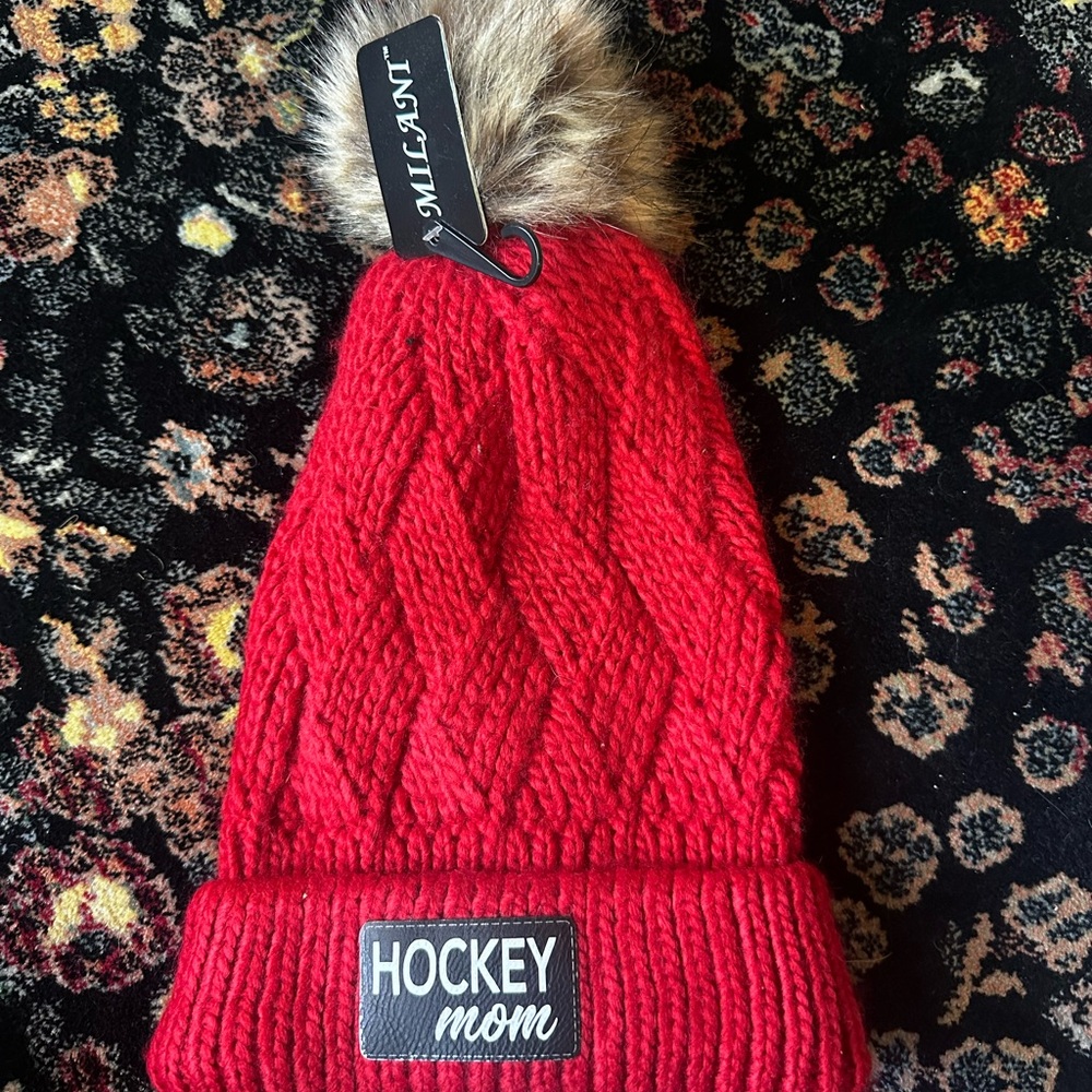 Red 'Hockey Mom' Pom Beanie